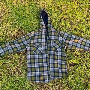 Olive Green Plaid Button Up w/ Hoodie